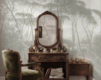 Vintage Grey Pine Tree Wallpaper Mural, Italian Foggy Forest Landscape Powder Room Decor