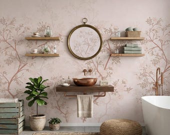 Papel pintado mural de estilo chinoiserie en rosa empolvado – Rama floral de rosas, decoración botánica romántica removible