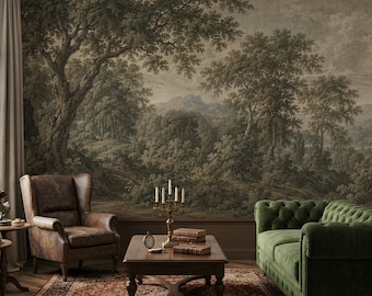 Panoramic Vintage Woodland Landscape Wall Mural , Old World Scenic Green Tree Mountain Wallpaper