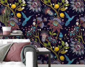 Botanical Peel and Stick Wallpaper: Dark Vintage Floral Ornament
