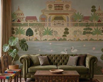 Vintage Indian Lake Garden Mural, Traditional Palace Architecture, Custom Removable Wallpaper