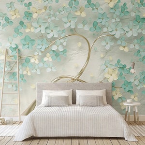 3D Green Flower and Tree Mural Wallpaper | Non Woven Wallpaper or Peel and Stick Wallpaper | Living Room Design | Home Decor | Wall Art