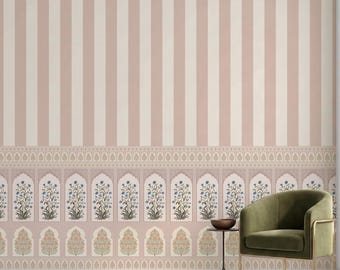 Indian Striped Floral Arch Mural, Vintage Heritage Design, Peel and Stick Removable Wall Art