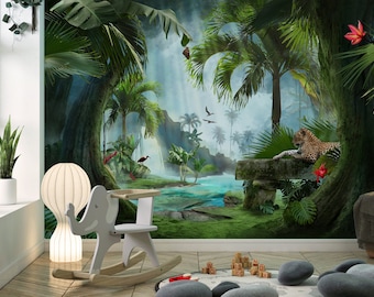 wild forest wall mural wallpaper, jungle and tiger wall paper, kids room wallpaper, jungle tree and tropical wall art, home and wall decor