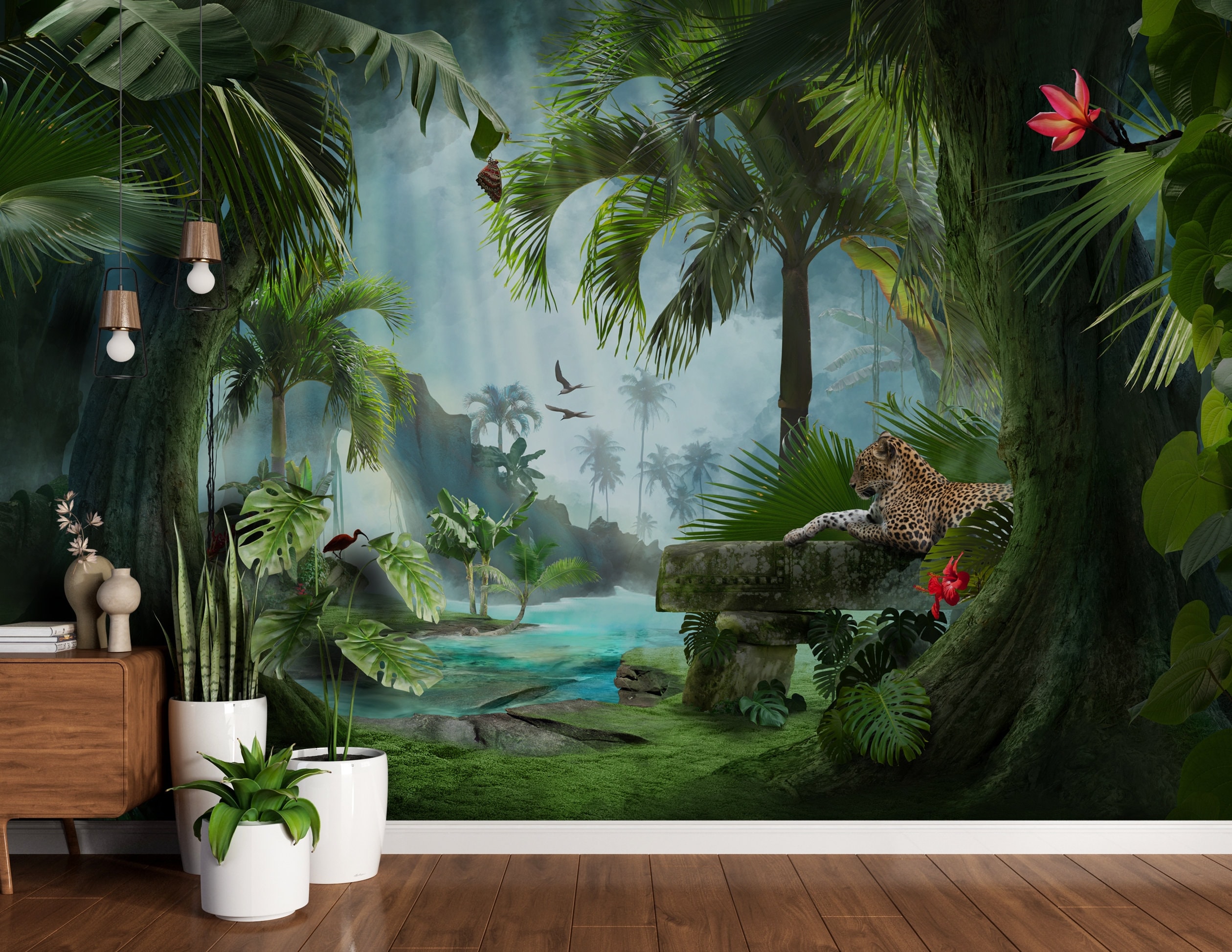 Jungle Tiger Wallpaper Mural, Tropical Forest, Kids Room Decor - Etsy, image size:2519x1947
