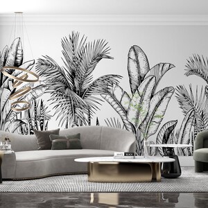 Carta da parati tropicale in bianco e nero, carta da parati murale con paesaggio, carta da parati murale staccabile e attaccabile, carta da parati rimovibile per il soggiorno