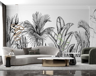 Black and white tropical plants wallpaper, tropical mural wallpaper, peel and stick wallpaper mural, removable wallpaper for living room