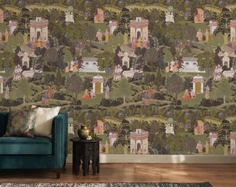 Jaipur Lush Garden Mural - Vintage Indian Peel and Stick Wallpaper, Scenic Removable Wall Art
