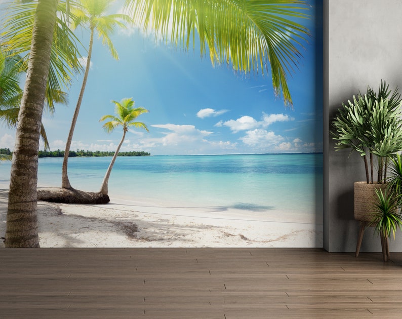 Palm Tree Beach Wallpaper: Blue Ocean View, Peel and Stick Wall Mural ...