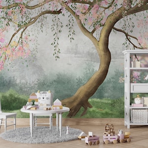 carta da parati con albero in fiore in fiore, murale con albero in fiore rosa, carta da parati murale con albero in fiore per soggiorno, carta da parati rimovibile