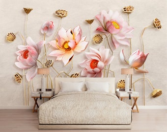 3D Lotusblumen Wallpaper Wandbild | Vliestapete oder Abzieh- und Aufklebetapete | Wohnzimmer Gestaltung | Wohndekor