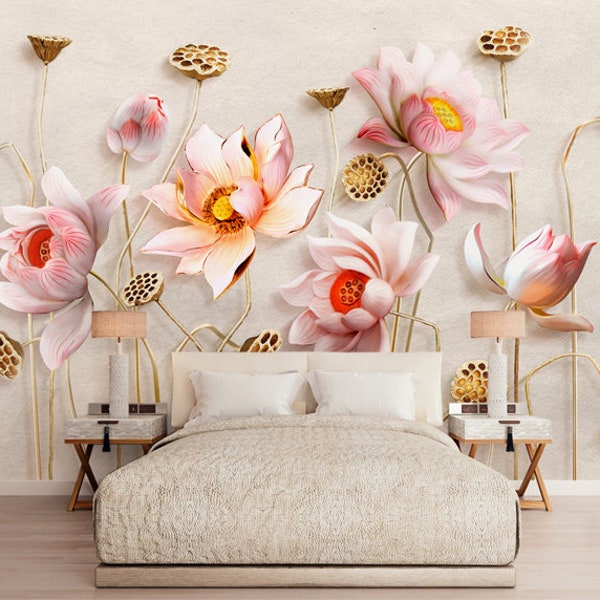 3D lotus flowers Wallpaper Mural | Non Woven Wallpaper or Peel and Stick Wallpaper | Living Room Design | Home Decor