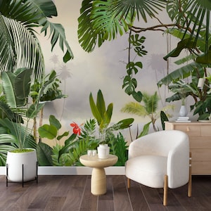 naturalistic tropical jungle plants wallpaper, landscape mural wall paper, green plants and trees removable wallpaper
