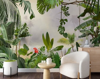 Tropical Jungle Plants Wallpaper Mural, Green Trees, Removable Wallpaper