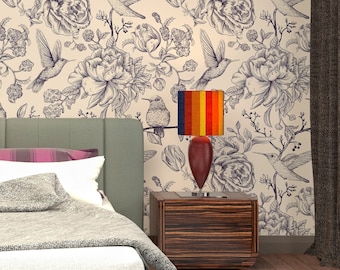 Papel pintado autoadhesivo con diseño floral de colibrí / Arte mural retro con aves