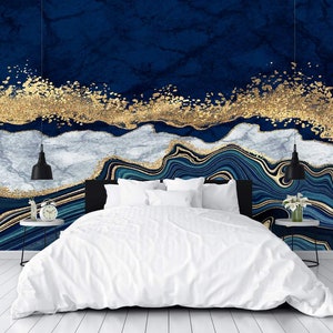 Marble Abstract Design Golden Look Yellow Blue Dark Blue Wallpaper Peel and Stick Wallpaper Rolls Modern Wall Art  Removable Wallpaper