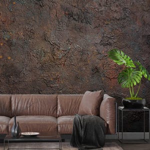 brown concrete stone textured wallpaper, removable textured peel and stick wallpaper, dark brown wall mural, dark rusty wallpaper