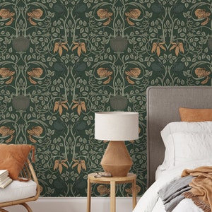 Vintage Blumentapete, Blumentapete zum Schälen und Aufkleben, Tapete mit Blättern, Retro Tapete Rollen, Grünes Tapetendesign