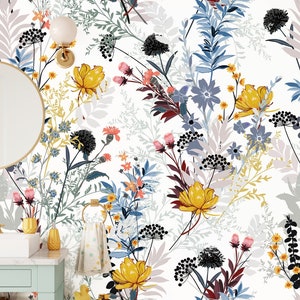 Botanical colourful floral peel and stick wallpaper hand drawing wallpaper wall art removable wallpaper rolls, Botanical wallpaper for walls