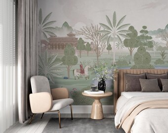 Vintage Indian Landscape Sage Green Wallpaper | Mughal Garden Horseback Mural