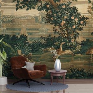 vintage green landscape wall mural, scenic forest wallpaper with trees, peel and stick or Traditional wallpaper mural for classic interiors