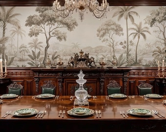 Sepia Toile Jungle Palm Tree Wall Art, Panoramic Botanical Wallpaper, Tropical Landscape Mural
