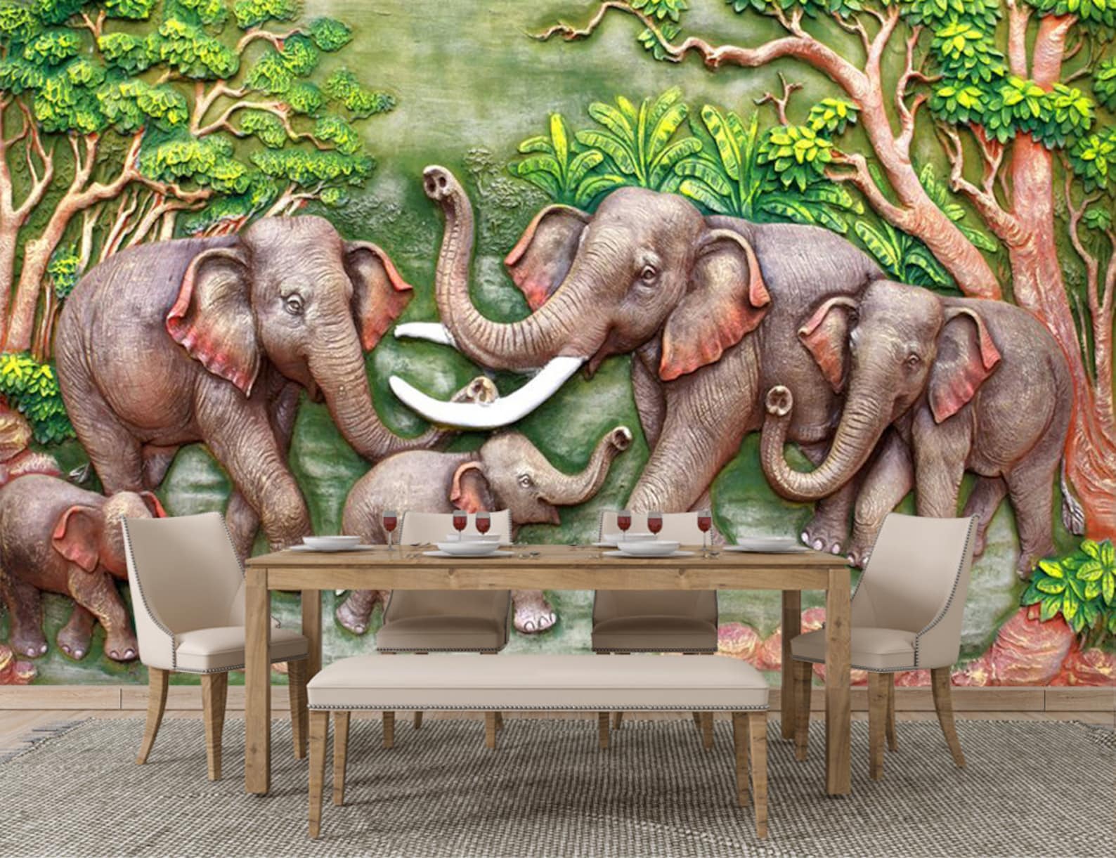 3D Elephants Lake 634 Kitchen Mat Floor Mural