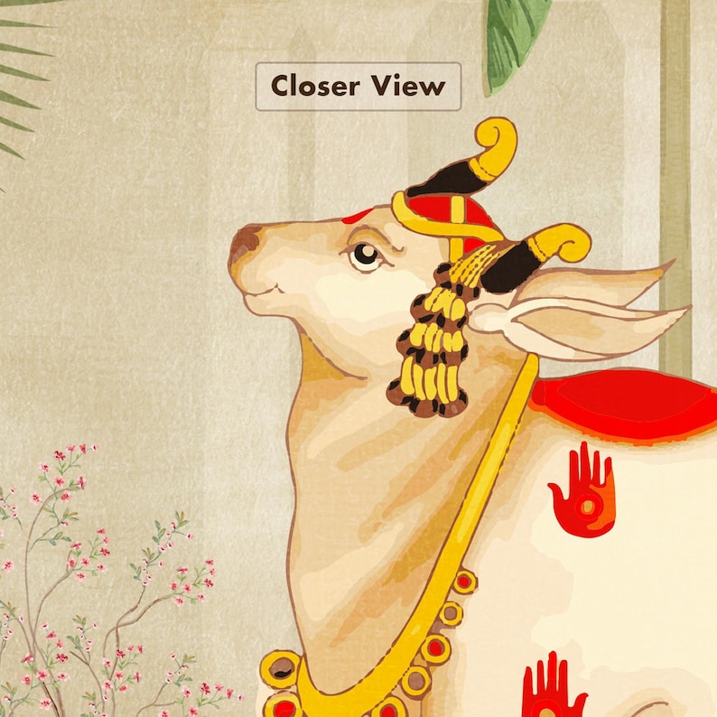 May include: An illustration of a white cow adorned with gold and red decorative elements. The cow has a red mark on its forehead and a gold necklace. The image includes the text "Closer View".