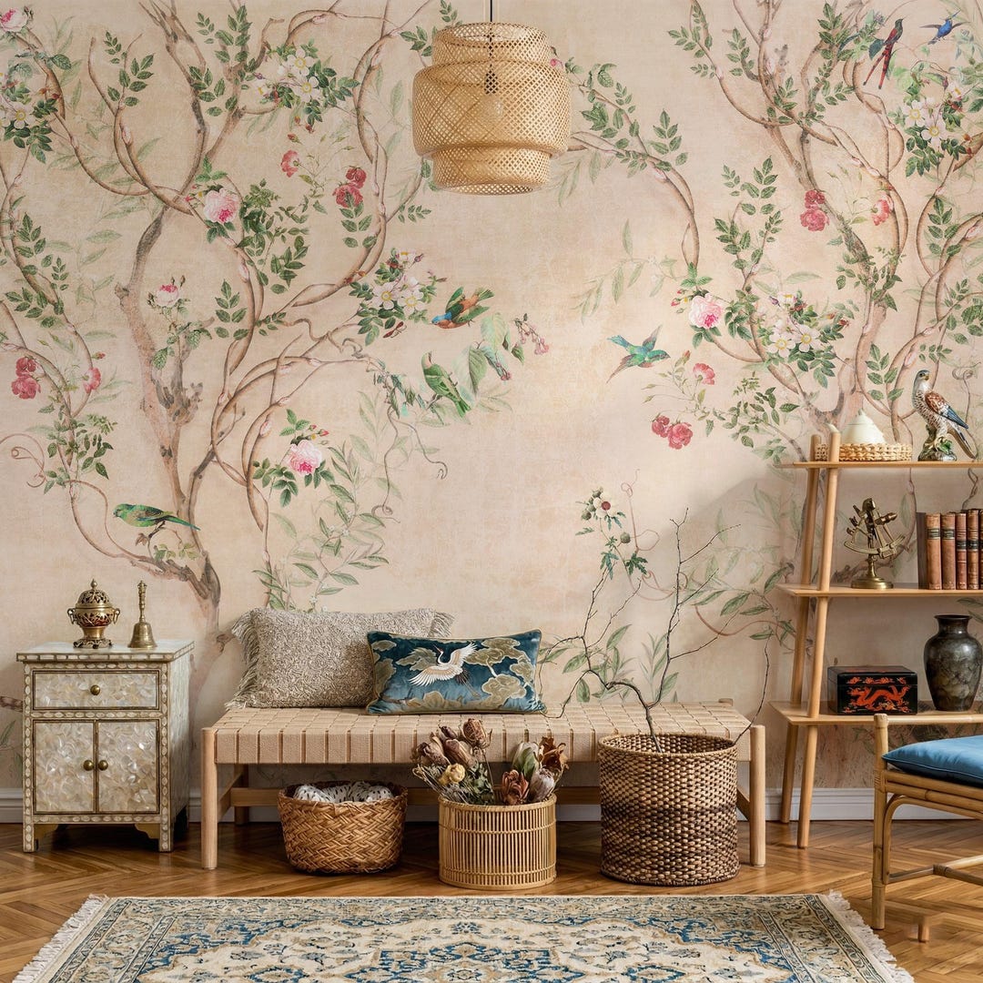 Vintage Chinoiserie Floral Wallpaper Mural, Antique Bird Flower Wall ...