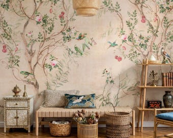 Chinoiserie Floral Wallpaper Mural, Antique Bird Flower Wall Art, Warm Neutral Botanical  Decor