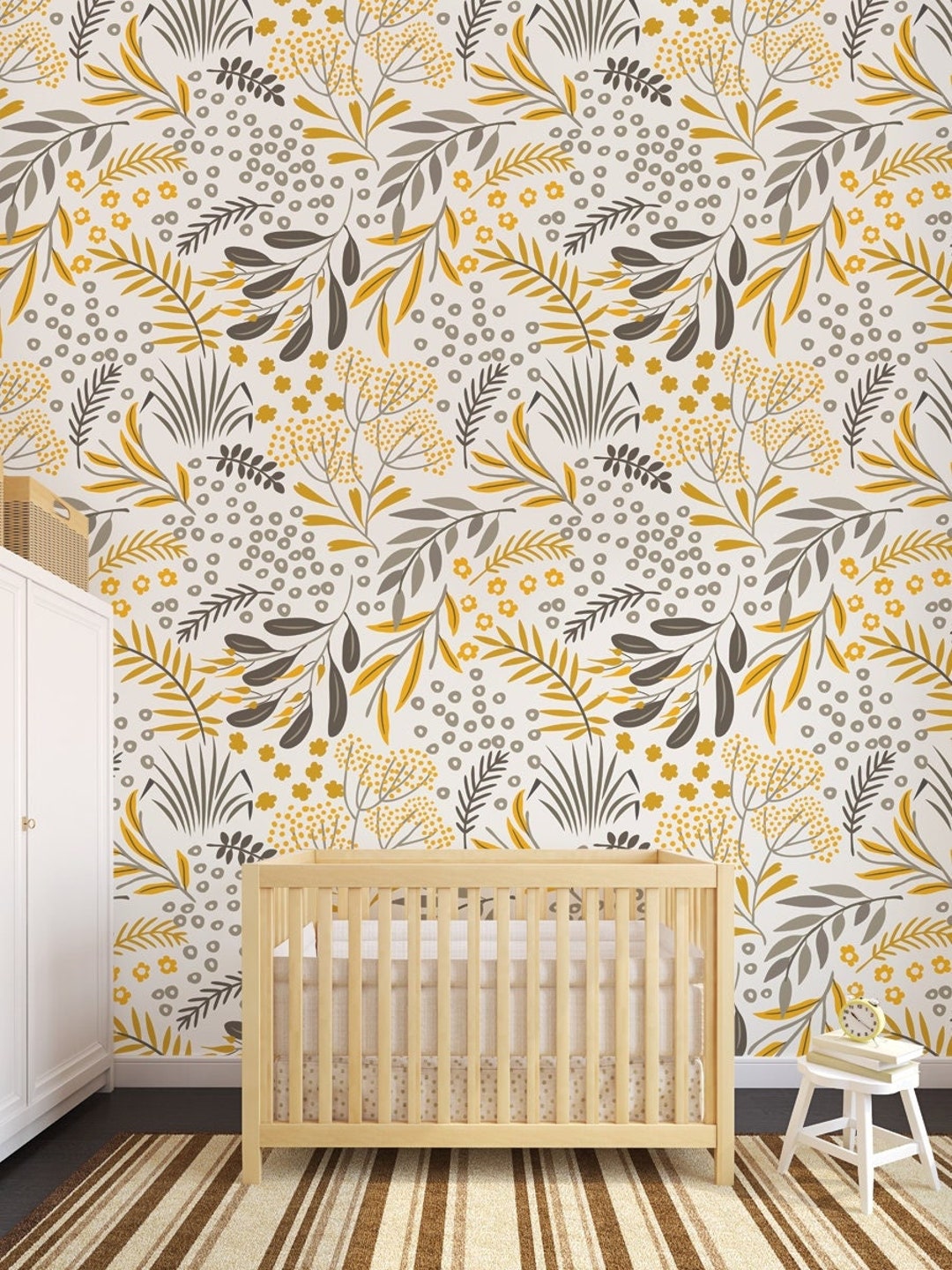 Botanical Artistic Floral Wallpaper, Peel and Stick Yellow and Grey