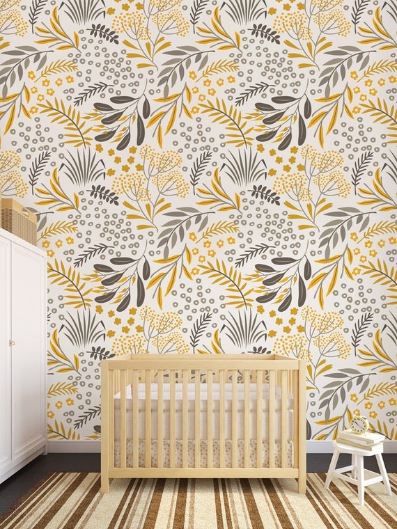 Botanical Floral Wallpaper: Yellow & Gray Leaves, Peel and Stick