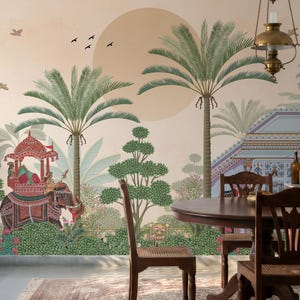 May include: A wall mural featuring a landscape with palm trees, a large sun, and an elephant carrying a decorative canopy. The scene includes a building with intricate patterns, green foliage, and birds flying against a soft beige background.