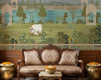 Indian Pichwai Wallpaper, Traditional Pavilion Holy Cow Mural, Peel and Stick Garden Wall Decor