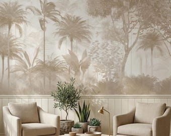 Vintage Tropical Sepia Wallpaper Mural, Palm Tree Wall Art, Monochrome Jungle Peel and Stick