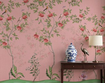 Pink Chinoiserie Birds Floral Mural Wallpaper, Botanical Garden Wall Art Peel and Stick