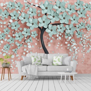 Mint Green Flowers Tree Wallpaper Mural | Tree wall mural | Peel and Stick Wallpaper | Living Room Design | Home Decor | Wall Art