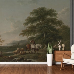 Historical peel and stick wallpaper, vintage landscape wall mural, scenic landscape wallpaper, vintage dark green tree landscape wallpaper