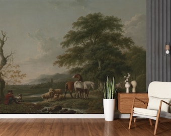Papel pintado autoadhesivo con paisaje vintage y mural de pared de árbol verde oscuro.