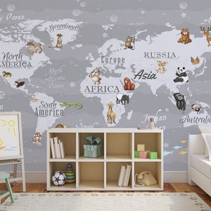 Niedliche Tiere Kinder Weltkarte Tapete für Kinderzimmer Atlas Tierthema Weltkarte Tapete Wandbild, Schälen und aufkleben Tapete Kinderzimmer Tapete