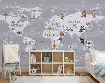 Cute Animals Kids World Map Wallpaper For Kids Room Atlas Animal Theme World Map Wallpaper Mural, Peel and stick Wallpaper Nursery Wallpaper