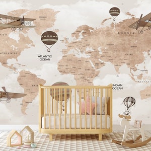 Weltkarte Tapete zum Abziehen und Aufkleben Vintage Weltkarte, Flugzeug, Luftfahrzeug, Fallschirm und Tiere