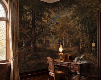 Dark Forest Woodland Mural, Vintage Gothic Peel and Stick Wallpaper, Moody Victorian Landscape Decor