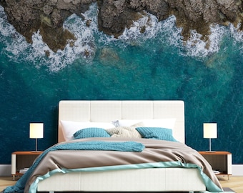 Behangschildering oceaanzicht, zeegolven, slaapkamerdecor rotsachtig strand, muurdecoratie natuur
