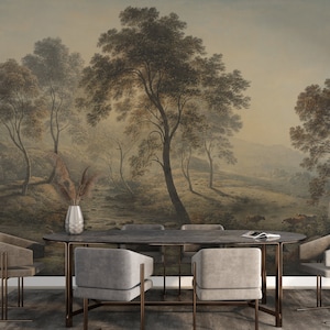 Vintage Forest Landscape Wallpaper, Dark Moody Woodland Mural - Panoramic Dining Room Statement Decor