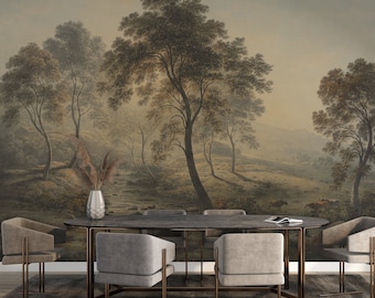 Vintage Forest Landscape Wallpaper, Dark Moody Woodland Mural - Panoramic Dining Room Statement Decor