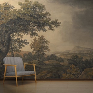 vintage landscape wallpaper, scenic wall mural wallpaper landscape, dark landscape wall paper, removable peel and stick vintage wallpaper image 4