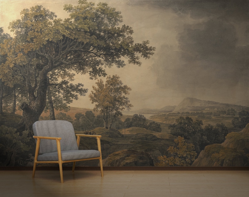 vintage landscape wallpaper, scenic wall mural wallpaper landscape, dark landscape wall paper, removable peel and stick vintage wallpaper image 4