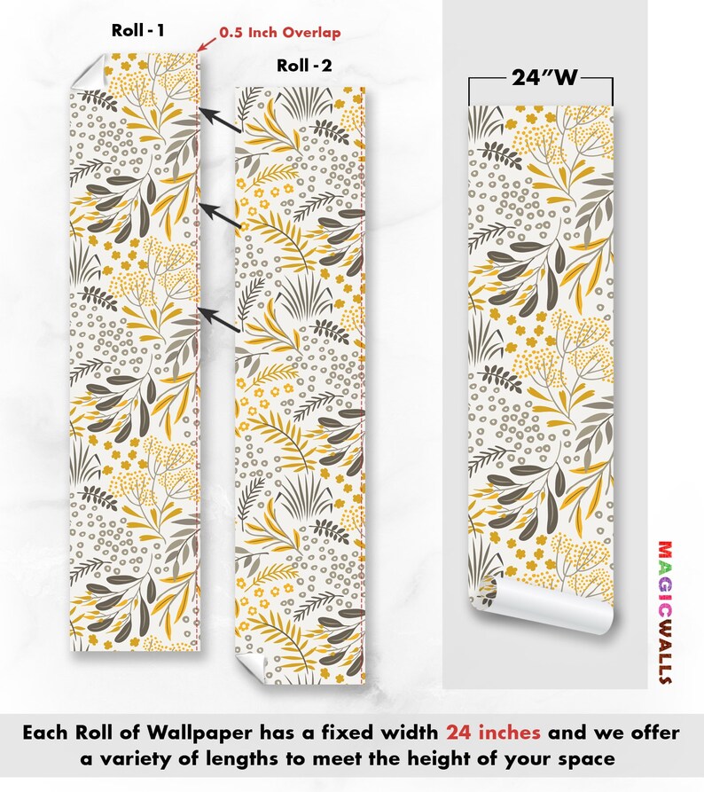 Puede incluir: Dos rollos de papel tapiz con un patr&oacute;n floral en tonos de amarillo, gris y blanco. Cada rollo tiene 24 pulgadas de ancho y un solape de 0,5 pulgadas. El texto "Roll-1", "Roll-2" y "24"W" es visible en la imagen.