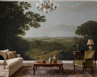 Scenic Valley Vintage Wallpaper Mural, Old World Countryside Green Nature Removable Wall Art Decor